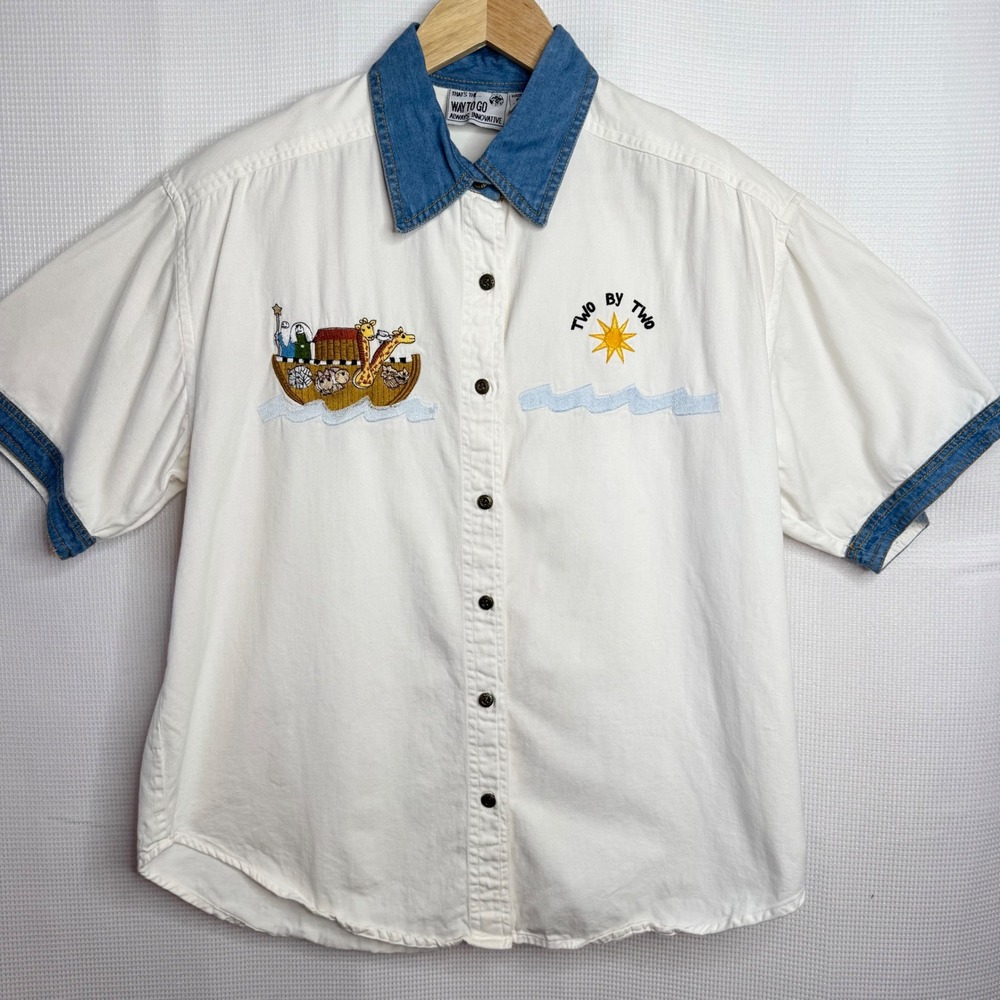 Vintage 90's Noahs Ark TwoBy Two Embroidered Shirt Denim Trim Teacher Religion L
